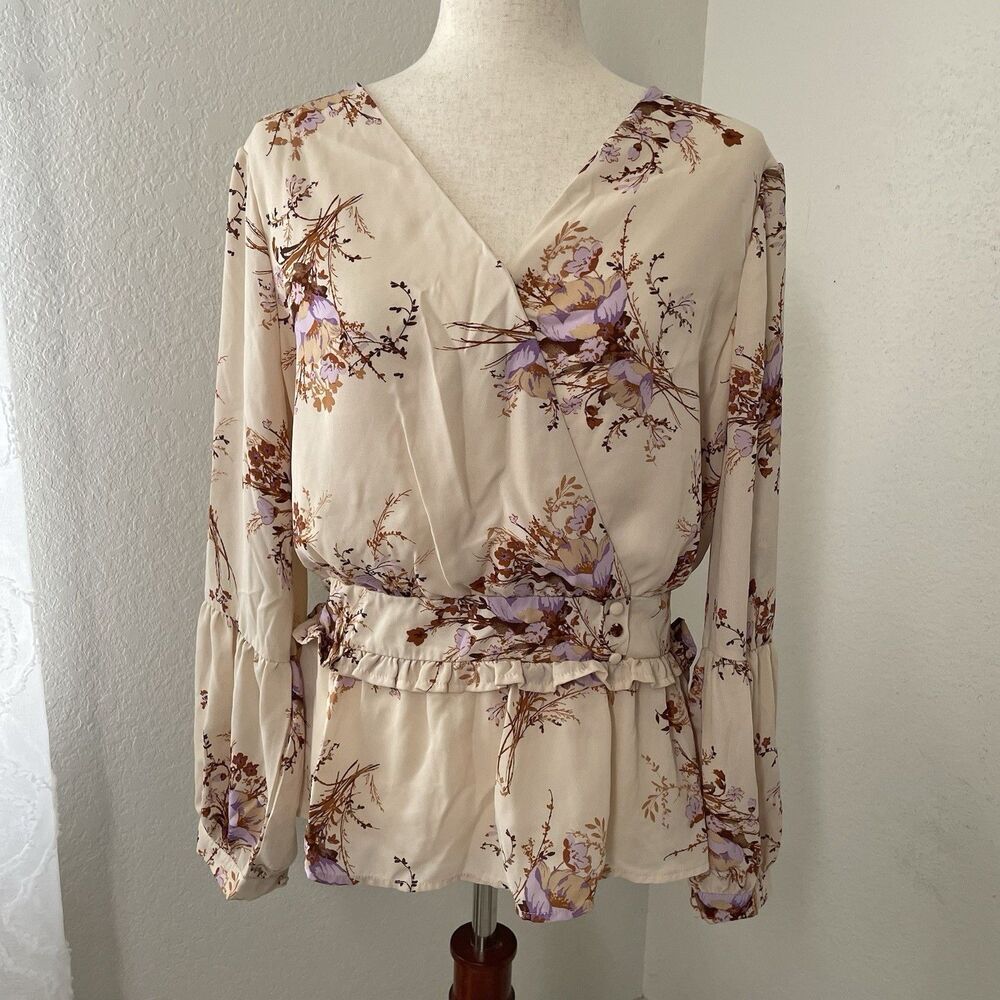 June & Hudson Women’s Wrap Top Floral Size 1 (XL) Cream Peony Balloon Sleeve